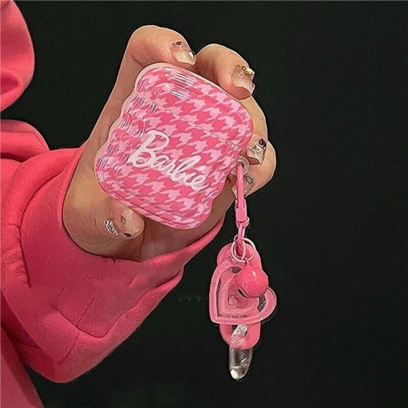 Barbie with pink check design Airpod pro Case with pink hearts Detachable Clip - Picture 2 of 3